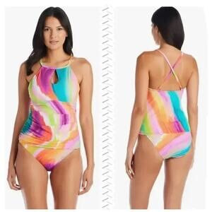 Bleu Rod Beattie Tankini Top Swim Multicolor Halter High Neck Ruched Size 6 NWT